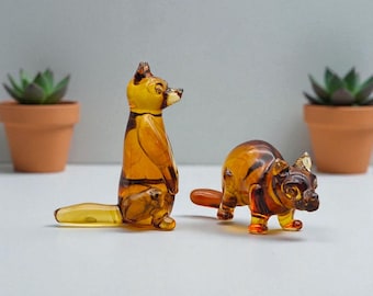 Hand-Blown Glass Raccoon Figurine, Miniature Wildlife Art