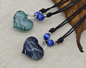 Blown Glass Heart Necklace Set: Adjustable Cord Pendants