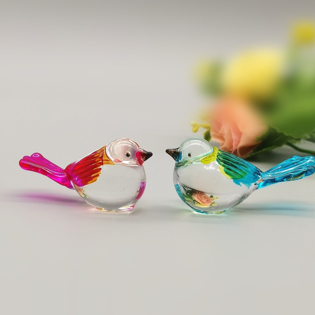 Set of 2 Glass Bird, Glass Birds Figurines, Blue Tit Bird, Home