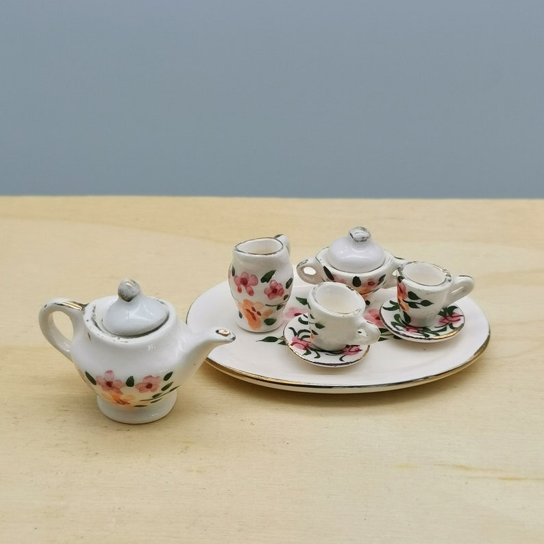 112 Miniature Tea Sets, Dollhouse Tea Set, Mini Tea Pot, Gift, Miniature Drink, White Flower