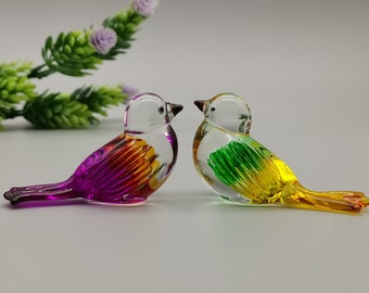 Set of 2 Glass Bird, Hand Blown Sculpture, Blown glass bird, Home Decoration, Birthday Gift, Purple glass bird, Yellow glass bird
