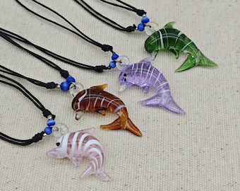 Blown Glass Dolphin Necklace: Handmade Adjustable Cord Pendant
