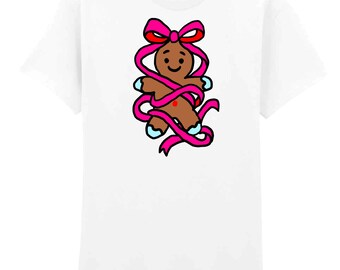 Pink bow gingerbread person printed Christmas tshirt for adults