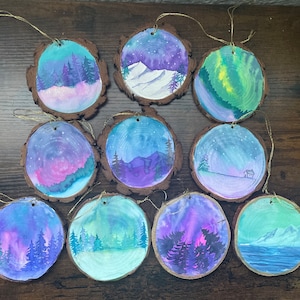 Hand painted Watercolor Woodslice Ornaments | Handstamped on the Back | Gold Thread | Holiday Decoration and Gift Giving