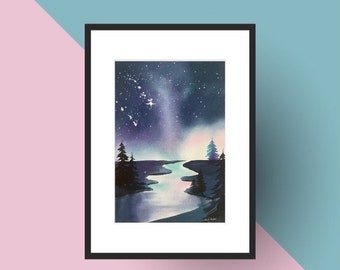 Northern Lights Art Print: Watercolor Aurora Borealis Painting, Starry Night Sky Home Decor