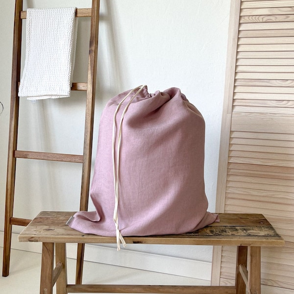 Sac à linge en lin rose poussiéreux, organisateur de lessive naturel, panier à vêtements, grand sac à linge, sac à cordon de lin