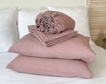 Linnen lakenset in stoffige roze kleur, hoeslaken, plat laken, twee kussenslopen of Shams, organisch linnen beddengoed, koningin, super kingsize