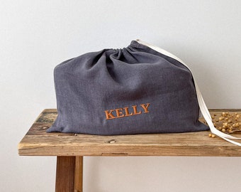 Personalized Dark Grey Linen Shoe Bag, Drawstring Shoe Bag, Lightweight Shoe Bag, Flax Bag Storage, Travel Shoes Bag, Natural Shoe Bag