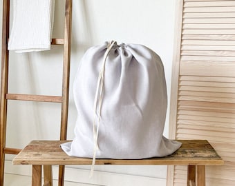 Sac à linge en lin gris clair, organisateur de linge naturel, panier à vêtements, grand sac à linge, sac à cordon de lin