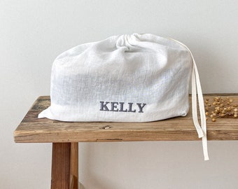 Drawstring Shoe Bag in Off White, Personalized Linen Shoe Bag, Flax Bag Storage