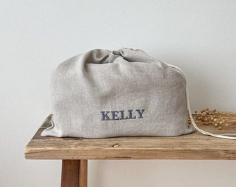Personalized Shoe Bag, Natural Linen Shoe Bag, Custom Name Drawstring Bag in Beige