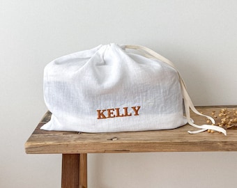 Personalized White Linen Shoe Bag, Drawstring Shoe Bag, Linen Shoe Bag, Shoe Bag Storage