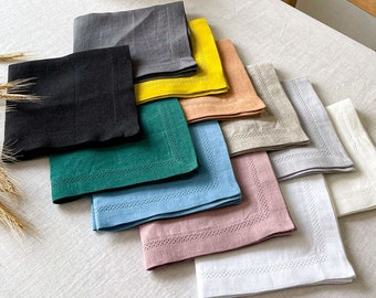 Hemstitch Napkins set of 2, Soft Linen Napkins in Various Colors, Washed Linen Napkins with Mitered Corners, Table Cloth Napkins