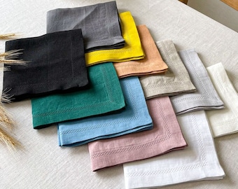 Hemstitch Napkins set of 2, Soft Linen Napkins in Various Colors, Washed Linen Napkins with Mitered Corners, Table Cloth Napkins