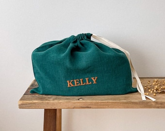 Personalised Shoe Bag in Dark Green, Custom Name Linen Drawstring Bag, Embroidered Linen Bag