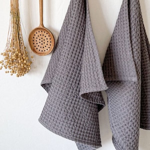 Waffle Kitchen Towel in Dark Gray, Washed Linen Cotton Kitchen Towel, Sustainable Dish Towel, Boho Kitchen Decor image 1