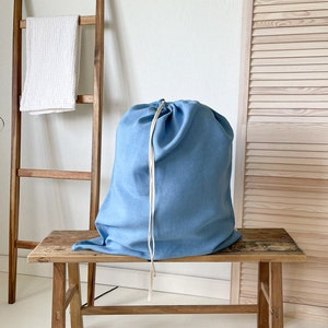 Light Blue Linen Laundry Bag, Natural Laundry Organizer, Clothes Hamper, Large Laundry Bag, Linen Drawstring Bag