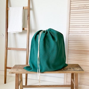 Dark Green Linen Laundry Bag, Laundry Organizer, Clothes Hamper, Large Laundry Bag, Linen Drawstring Bag