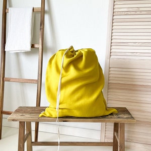 Yellow Linen Laundry Bag, Natural Laundry Organizer, Clothes Hamper, Large Laundry Bag, Linen Drawstring Bag, Chartreuse Laundry Bag