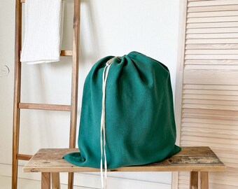 Bolsa de lavandería de lino verde oscuro, organizador de lavandería, cesta de ropa, bolsa de lavandería grande, bolsa con cordón de lino