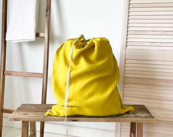 Bolsa de lavandería de lino amarillo, Organizador de lavandería natural, Cesta de ropa, Bolsa de lavandería grande, Bolsa de cordón de lino, Bolsa de lavandería Chartreuse