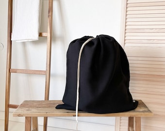 Borsa per biancheria nera, organizzatore di biancheria, cesto di vestiti, borsa per lavanderia grande, borsa con coulisse di lino