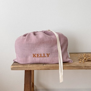 Dusty Rose Linen Shoe Bag, Light Pink Drawstring Shoe Bag, Girl Shoe Bag, Personalized Bag Storage image 1