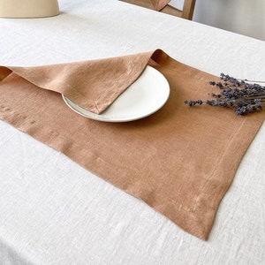 Earth Tone Washed Linen Placemats Set of 2, 4, 6 Pieces with Mitered Corners in Tan Color