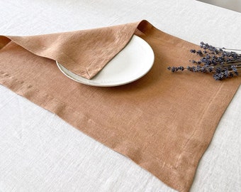 Earth Tone Washed Linen Placemats Set of 2, 4, 6 Pieces with Mitered Corners in Tan Color