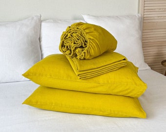 Juego de sábanas de lino lavado de primera calidad en amarillo Chartreuse, Twin, King, Queen