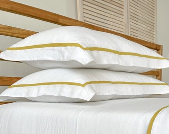 Pillowcase with Border in White with Trim in Yellow, Organic Linen Sham, Pure Linen Sham, Hotel Pillow Sham, Euro Sham, Oxford Sham