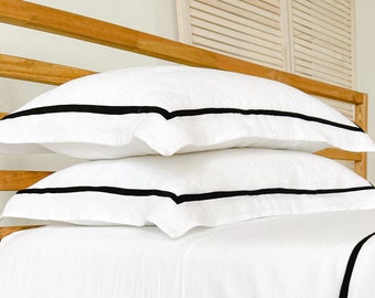 Euro Sham in White with Trim in Black, Hotel Linen Sham, Organic Sham, Euro Sham, Oxford Pillowcase, Linen Pillow Sham