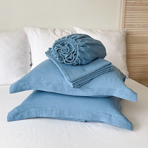 Washed Linen Sheet Set in Light Blue, Sheets and Pillowcases, Spring Inspired Flax Bedding, Twin, Full, Queen, King, Cal, Custom Size