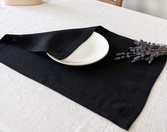 Washable Black Linen Placemats, Set of Table Mats, Black Cloth Place Mats, Sustainable Dinner Decor