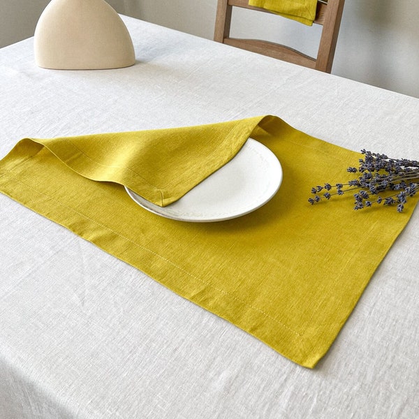 Chartreuse Linen Placemats set, Yellow Table Mat, Lightweight Fabric Table Protector