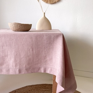 Dusty Pink Linen Tablecloth with Hemstitch, Handmade Table Decor, Rectangular, Square in Various Sizes