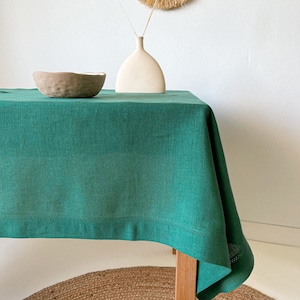 Forest Green Linen Tablecloth with Hemstitch, Handmade Table Cover, Rectangular, Square, Custom in Various Sizes image 1