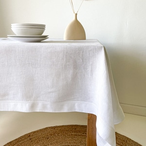 White Linen Tablecloth with Hemstitch, Linen Table Cover, Vintage Table Decor, Rectangular, Square in Various Sizes