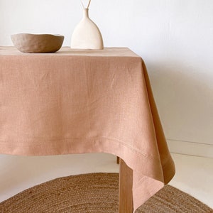 Linen Table Cloth in Tan with Hemstitch, Earth Tone Table Decor, 100% European Flax Table Cover, Textured Tableware, Square, Rectangle Size image 1