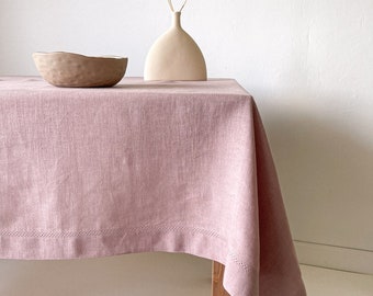 Dusty Pink Linen Tablecloth with Hemstitch, Handmade Table Decor, Rectangular, Square in Various Sizes