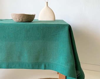 Forest Green Linen Tablecloth with Hemstitch, Handmade Table Cover, Rectangular, Square, Custom in Various Sizes