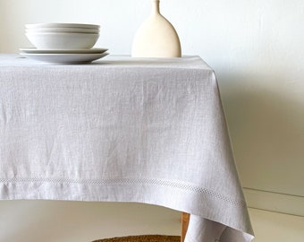 Light Grey Linen Tablecloth with Hemstitch, Vintage Table Decor, Rectangular, Square in Various Sizes