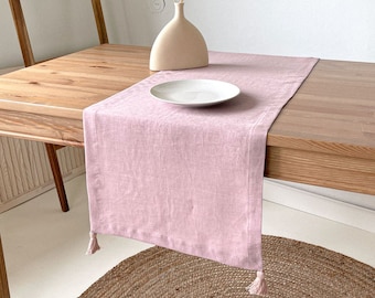 Dusty Pink Table Runner with Tassels, Linen Table Runner