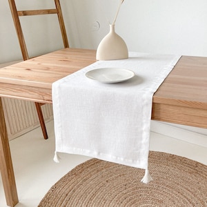Linen Table Runner with Tassels in Off White, Handmade Table Runner