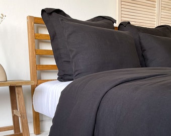 Cubierta de edredón de lino negro naturalmente suave, cubierta de edredón bellamente texturizada, tamaños doble, rey, reina