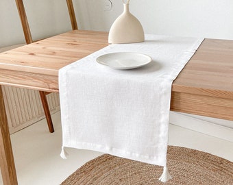 Linen Table Runner with Tassels in Off White, Handmade Table Runner