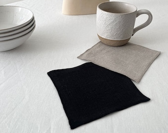 Black Linen Coaster Set 2, 4, 6 pcs, Natural Flax Table Linen Décor, Drinkware Home Idea