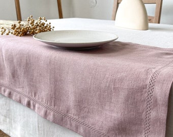 Table Placemats with Hemstitch in Dusty Pink, 100% European Flax, Table Linen Place Mat Set, Washed Linen Table Decor, Sustainable Gift Idea