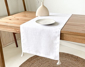 Linen Table Runner with Tassels, White Cloth Runner, Coffee Table Runner, Minimalist Table Decor