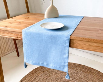 Linen Table Runner with Tassels, Washed Linen Table Decor in Sky Blue